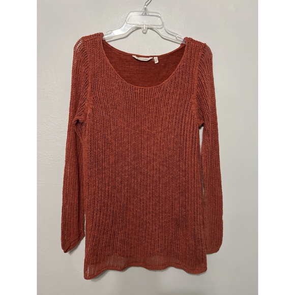 Soft Surroundings M Burnt Orange Open Knit Linen Blend Sweater Top Autumn Mesh - Picture 1 of 13